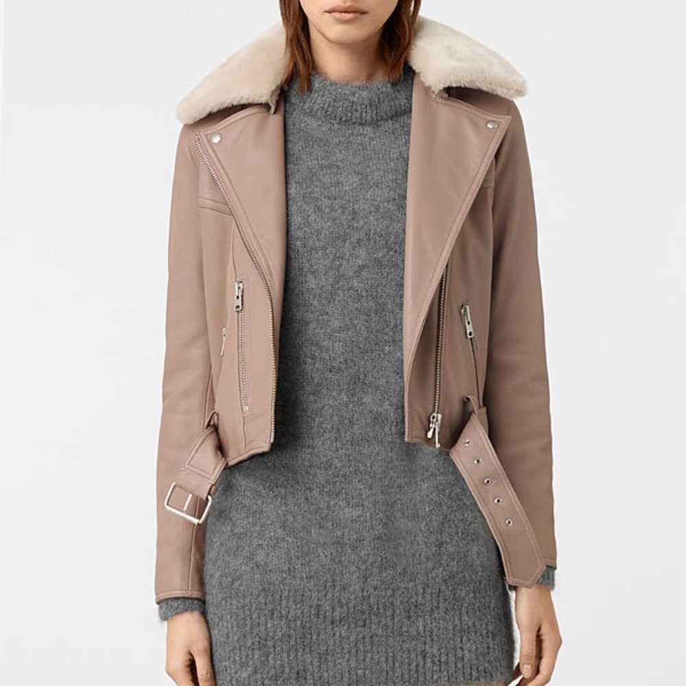 All Saints Rigby Biker Jacket w/ Sheep Skin Collar